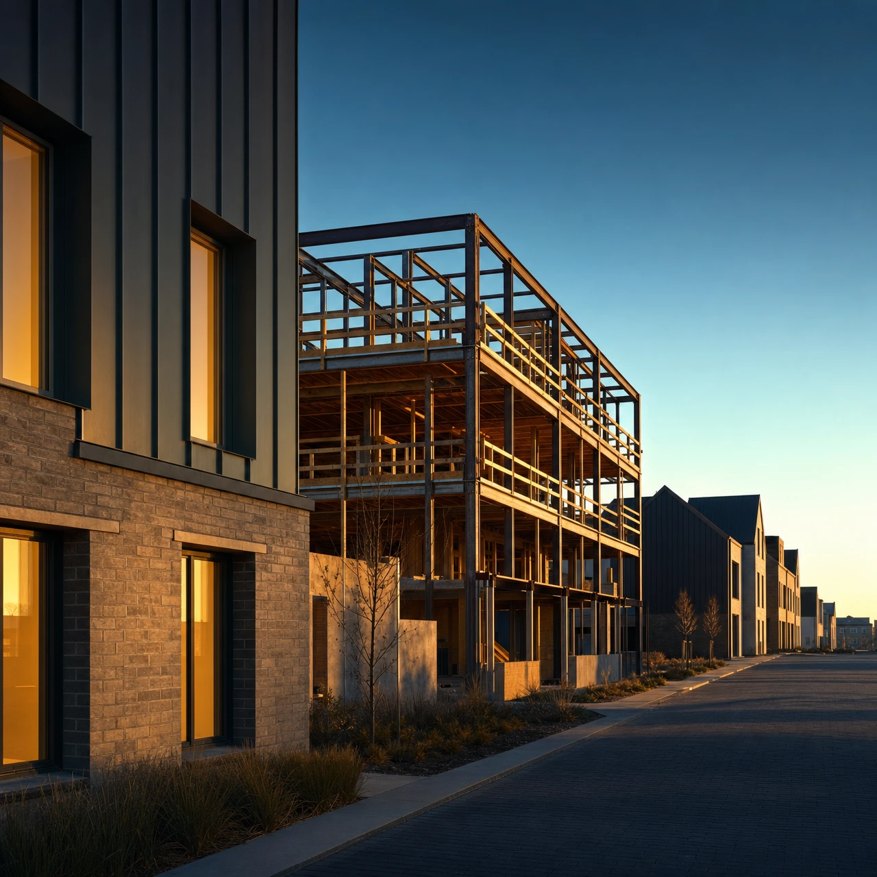 Representative view of a built environment at low sun: a finished brick and metal building, a structure still being framed behind it, and a row of new pitched roof homes further back.