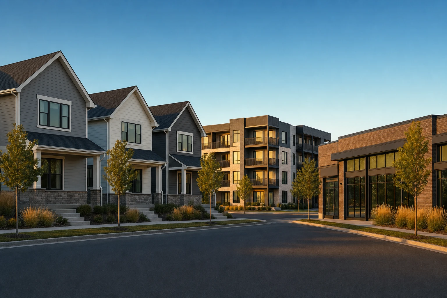A quiet street in late afternoon light with a row of finished pitched roof homes, a modern apartment building, and a low brick and glass commercial building.